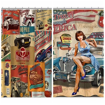 Vintage Garaaž Retro Plakat Klassikaline Auto Teemastatud Auto Mehhaanik Nostalgiline Dušš Kardin, Vann, Decor Veekindel Kangas