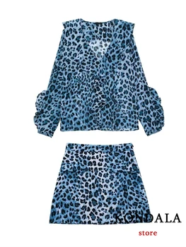 KONDALA Vintage Sinine Leopard Printida Moe 2023 Kevadel Naiste Kostüümid Elegantne V-Kaeluse Kroonleht Varrukad Pluus Zip Mantel Mini Seelik