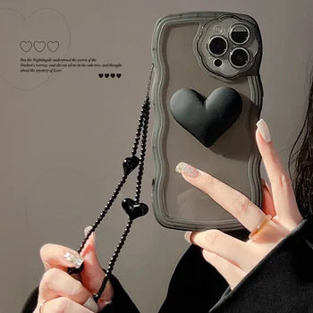 Ins 3D Tume Süda Läbipaistva Telefoni Puhul kaelapaela kinnitamine iPhone 14 12 13 11 Pro ProMax Pluss X-XR Xsmax Põrutuskindel Kate Selge