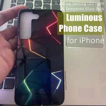 Mood Geomeetriline LED Valgus Hõõguv Helendav Karastatud Klaas Tagasi Telefoni Case for iPhone 15 11 12 13 14 X Xs Xr Mini Pro Max Plus