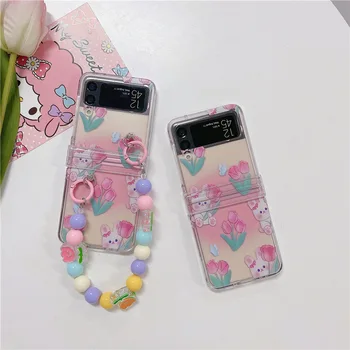 Romantiline Küüliku Põllumajandusettevõtte Tulbid Telefon Case for Samsung Galaxy ZFlip 4 3 kõvakaaneline jaoks ZFlip5 Zflip4 Tahke Kest Bracket