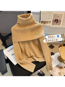 Naiste Khaki Kootud Pullover Kampsun 90s Vintage Harajuku korea Kawaii Pikad Varrukad kõrge kaelusega Kampsunid 2000ndate Sügis Riided